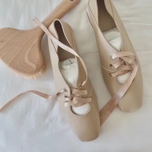Beige/pale pink Square toed, satin laced square loafers with beam.
